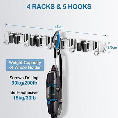 IMILLET 2 Pack Broom Holder Wall Mount Stainless Steel Mop Organizer - color: Stainless Steel - 4 Racks with 5 Hooks, size: 2 Pack