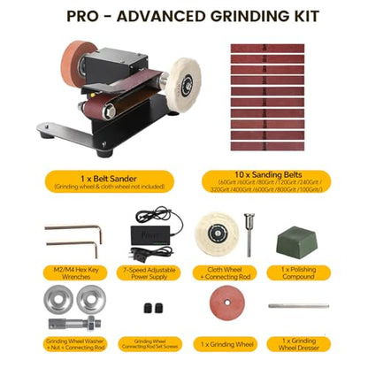 6-In-1 Mini Belt Sander Mini Belt Sander, Electric Small Sander Knife Sharpener Supplies, 7 Adjustable Speed, 795 Motor, Metal Wood DIY Handcraft, Tool & Knife Sharpening (Advanced Kit). - style: Pro - Advanced Grinding Kit