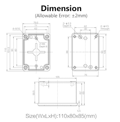 LeMotech Junction Box IP67 Waterproof Dustproof ABS Plastic Project Box for Electrical Outdoor Enclosure Gray 4.3 x 3.1 x 3.3 inch (110 x 80 x 85 mm) - size: 4.3" x 3.1" x 3.3" (1pc)