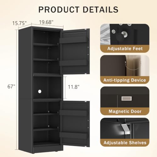 67" Freestanding Metal Pantry Cabinet, Tall Kitchen Food Storage Cupboard - color: Black, size: 15.75"D x 19.68"W x 67"H