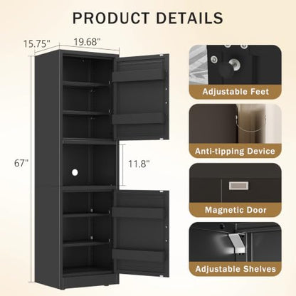 67" Freestanding Metal Pantry Cabinet, Tall Kitchen Food Storage Cupboard - color: Black, size: 15.75"D x 19.68"W x 67"H
