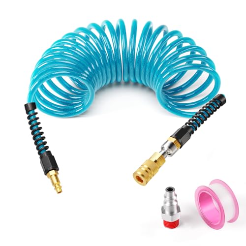 GASHER 1/4" x 10FT Reinforced Polyurethane Recoil Air Hose with Bend Restrictor, Air Hose kit With 360°Swivel Coupler, 1/4" Industrial Quick Coupler and Plug - color: Blue 10FT, size: 1/4（I/M)