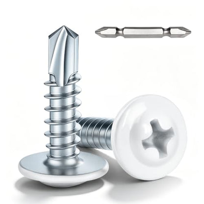 200 PCS #8 x 3/4" Sheet Metal Screws, Phillips Modified Truss Head Self Drilling Screws, Zinc-Plated, White Head Self Tapping Screws for Metal, Wood, Plastic, Double-Ended Bit Included - color: White, size: #8 x 3/4"
