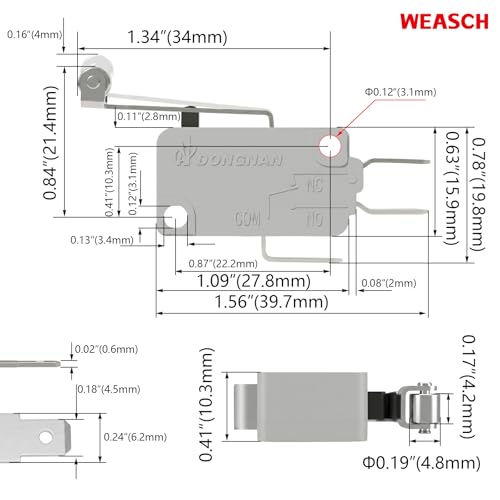 6 Pack Long Hinge Roller Lever Micro Switch, 16A 125/250V SPDT - size: V-156-1C25
