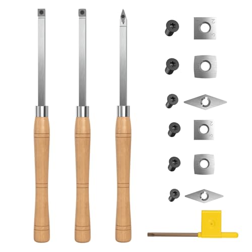 3PCS Carbide Wood Lathe Turning Tools Set, Wood Handle Pen Turning Tools with 3 Extra Replacement Inserts, Rougher Detailer Finisher for Small Bowls, Goblets, Knobs and Woodworking Projects