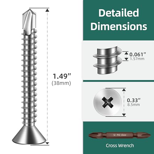 150pcs #10 x 1-1/2 Sheet Metal Self Tapping Screws Assortment Kit, 410 Stainless Steel Flat Head High-Strength Fast Self-Drilling Screws, Bright Finish - size: #10x1-1/2"