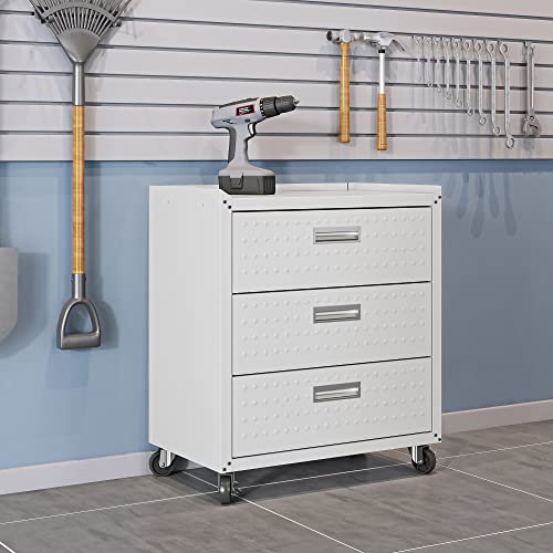 Manhattan Comfort Fortress 31.5-Inch Rolling Garage Tool Chest, 3-Drawer Lockable Mobile Storage Cabinet, Diamond-Textured Steel Utility Organizer with Wheels for Basement, Workshop in White - color: White, style: 3-Drawer