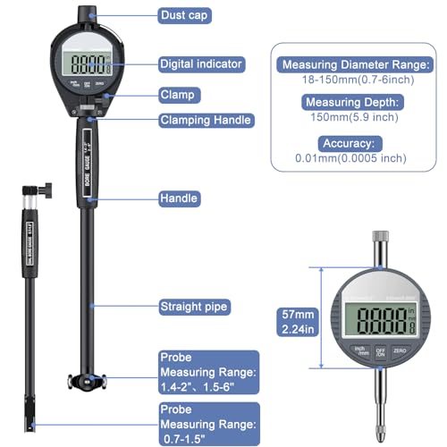 HDLNKAK Digital Dial Indicator Bore Gauge Set (0.7"-6"/0.0005") - Black - color: Black