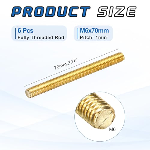 MECCANIXITY 6Pack M6x70mm Fully Threaded Rod Brass Right Hand All Thread - size: M6x70mm