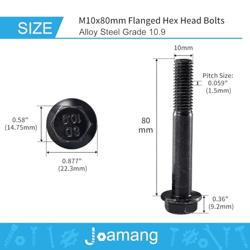 M10 x 80mm 6Pcs Flanged Hex Head Bolts, M10 x 1.5 Bolts, Flange Hexagon Head Screws, 10.9 Grade Alloy Steel, Black Oxide Finish, Metric Machine Threaded, Half Thread - size: M10 x 80mm(6PCS)
