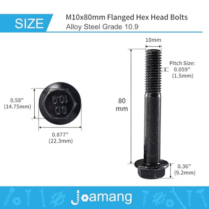 M10 x 80mm 6Pcs Flanged Hex Head Bolts, M10 x 1.5 Bolts, Flange Hexagon Head Screws, 10.9 Grade Alloy Steel, Black Oxide Finish, Metric Machine Threaded, Half Thread - size: M10 x 80mm(6PCS)