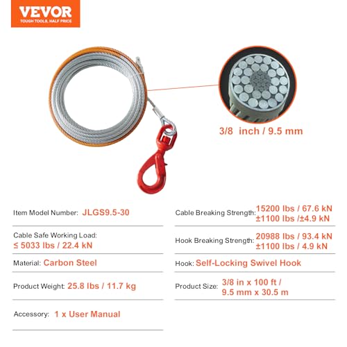 VEVOR Galvanized Steel Winch Cable, 3/8 Inch x 100 Feet 15,200 lbs Breaking Strength, Wire Winch Rope with Swivel Hook, Towing Cable Heavy Duty, Universal Fit for SUV, Large Off-Road Vehicle, Truck - size: 100 ft