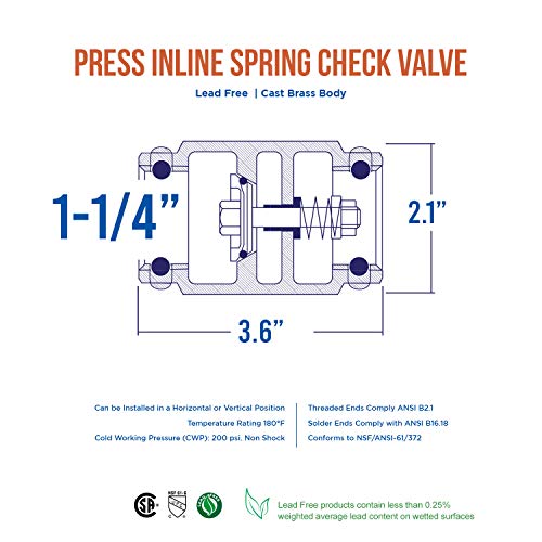 Midline Valve 372S336-5 Inline Spring Loaded Check Valve, Backflow Prevention, Lead Free, 1-1/4 in. Press Connections, Cast Brass (5 Pack) - size: 1-1/4 in., style: 5 Pack
