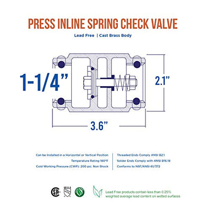 Midline Valve 372S336 Inline Spring Loaded Check Valve, Backflow Prevention, Lead-Free, 1-1/4 in. Press Connections, Cast Brass - size: 1-1/4 in., style: Single Pack