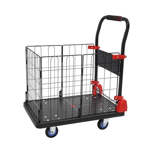 Platform Truck Cart with Cage, 330 Lbs Capacity Foldable Dolly Hand Truck, Portable Platform Cart, Dolly Cart with Wheels for Industrial Warehouse Luggage Moving