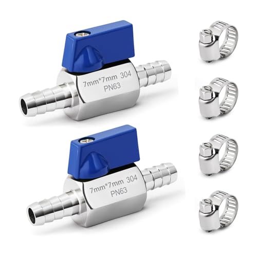 2 Pack 1/4" Hose ID Barb Mini Ball Valve, 304 Stainless Steel Small Shut Off Valve with Clamps Kit for Water Oil Gas (1/4 Inch) - size: 1/4 Inch