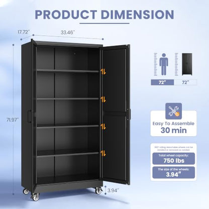 72"Metal Garage Storage Cabinets with Wheels & Adjustable 4 Shelves - color: Black, size: 72"H x 33.5"W x 17.7"D