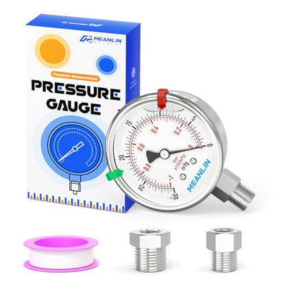 MEANLIN MEASURE -30inHG~0Psi Vacuum Pressure Gauge 316 Stainless Steel Joint 1/4"NPT 2.5"FACE DIAL, Liquid Filled Pressure Gauge WOG Water Oil Air Lower Mount with Stainless Steel Hex Bushing, Snaps - size: -30inHG-0Psi, style: Lower Mount