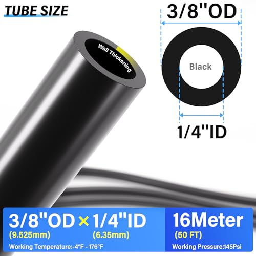 TAILONZ PNEUMATIC Black 3/8 Inch OD 16 Meter 50ft PU Polyurethane Air Tubing Kit Pipe Hose Air Line Tubing Air Hose Fittings Push to Connect Fittings(27PCS) - color: Black, size: 3/8" OD - 50 FT