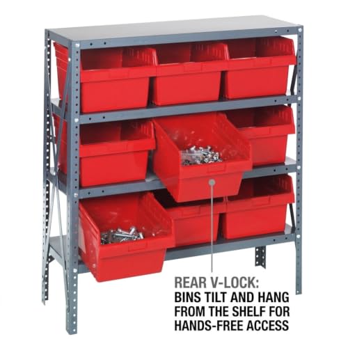 Quantum Storage 1239-SB809 Store-Max Steel Shelf Bin Organizer System, 9 8"H Hopper-Front Bins, 4-Shelf Unit, 400 lb Per Shelf, for Warehouse, Shop, Garage & Stockroom, 12"D x 36"W x 39"H, Red - size: 39" H x 36" W x 12" D, style: 12" L x 12" W x 8" H 9 S