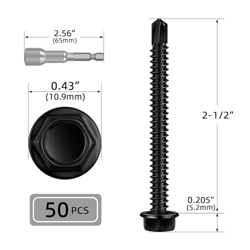 50 PCS #12 x 2-1/2" Sheet Metal Screws, 50 PCS Black Hex Washer Head Self Drilling Screw, Flanged Self Tapping Screws, 410 Stainless Steel - size: #12 x 2-1/2"