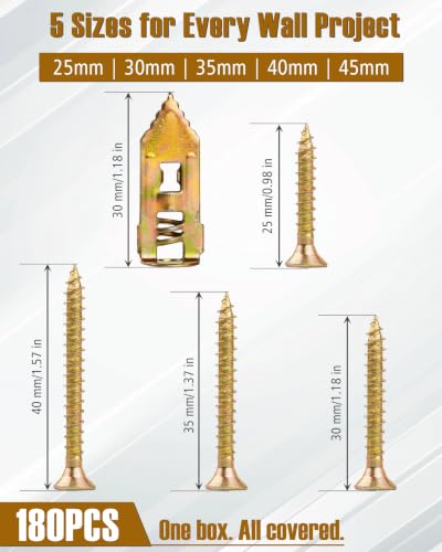 180pcs 4 Sizes Self Drilling Drywall Anchors with Screws Kit, Heavy Duty Zinc Alloy Hollow Wall Anchors, Sheetrock Plasterboard Anchors 0.47x1.18inch, No Drill Self Tapping Dry Wall Screw Anchor Set - size: 180Pcs 4 Size Kit