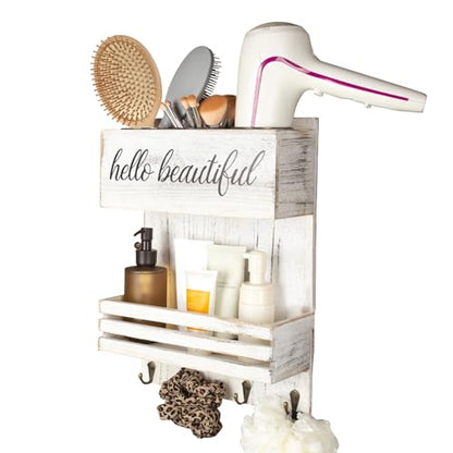 2Tier White Wooden Hair Dryer Holder Wall-Mounted Organizer - color: White