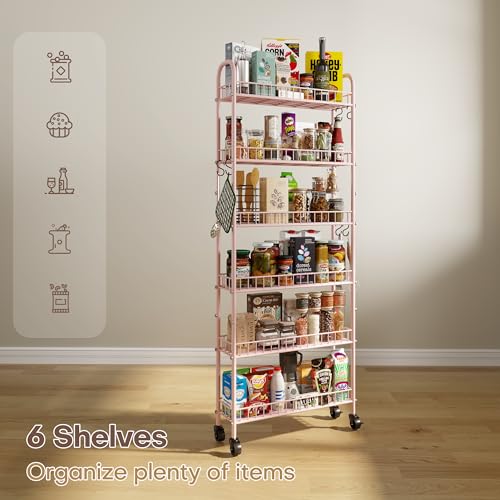 6 Tier Slim Rolling Storage Cart with Wheels, Metal Mobile Shelving Unit Organizer Utility Cart for Office Bathroom Kitchen Laundry Room Narrow Places (Pink 6 Inches) - size: Pink 6 Inches