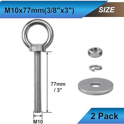 2 Sets M10 Eye Bolts with Nuts, Stainless Steel 3/8" x 3" EyeBolts - size: 3/8"x3"