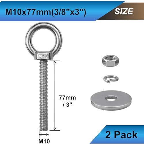 2 Sets M10 Eye Bolts with Nuts, Stainless Steel 3/8" x 3" EyeBolts - size: 3/8"x3"