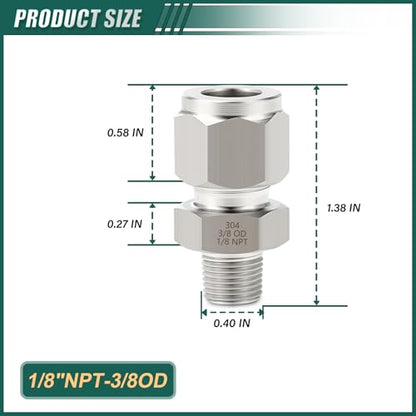 5PCS 304 Forging of Stainless Steel Compression Tube Pipe Fitting Connector, 3/8" Tube OD x 1/8" NPT Male Straight Adapter for fuel/air/liquid/oil/gas/vacuum pipelines