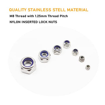 20Pcs M8 x 1.25mm Lock Nuts, 304 Stainless Steel Self-Lock Nylon Inserted 8mm Locking Nuts for Automative, Bike, Machine - size: Metric 8mm