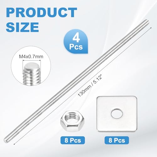 MECCANIXITY 4Set M4x130mm Fully Threaded Rod Threaded Rods Bar Studs - size: M4x130mm