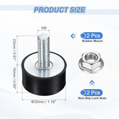 uxcell 2Pcs M8 Thread Rubber Mounts, Vibration Isolators, Cylindrical Shock Absorber with Studs 30 x 15mm with Non-Slip Nuts - size: M8 x 30 x 15mm
