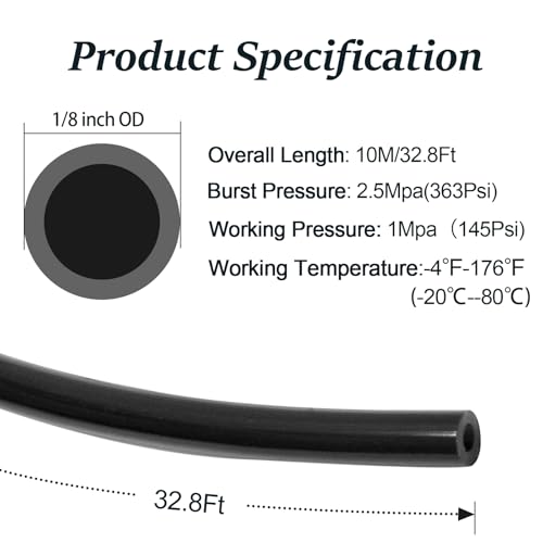 Biaungdo 1/8" OD Pneumatic Tubing Pipe, Black, 10 Meter/32.8ft