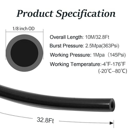 Biaungdo 1/8" OD Pneumatic Tubing Pipe, Black, 10 Meter/32.8ft