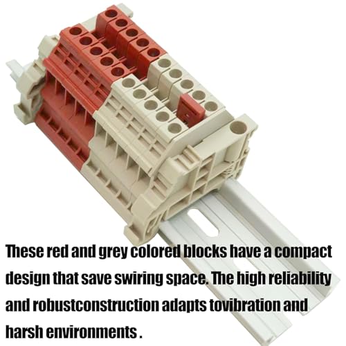 UL Red/Grey 10 Gang DIN Rail Terminal Blocks, with (8) 2P Jumpers,Dinkle DK4N 10-22 AWG, 30 Amp, 600 Volt - style: 10-22 AWG, 30 Amp, 600 Volt