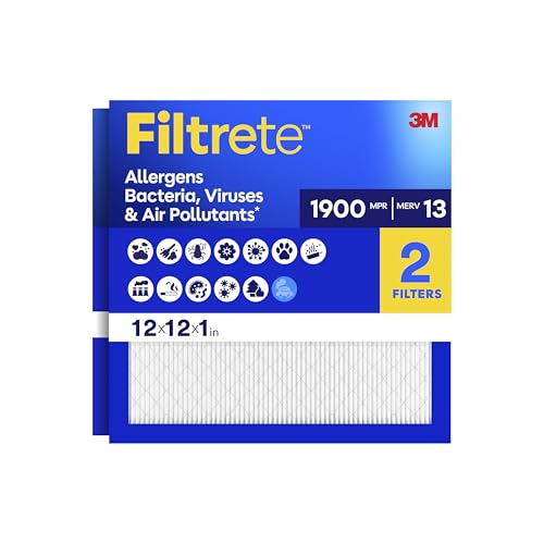 Filtrete 12x12x1 Air Filter, MERV 13 MPR 1900, Allergens, Bacteria, Viruses & Air Pollutants, 3-Month AC/Furnace Filters, Cleaner Air Reliable Airflow, 2 HVAC Filters(Act Size 11.81x11.81x0.78 in) - size: 12x12x1