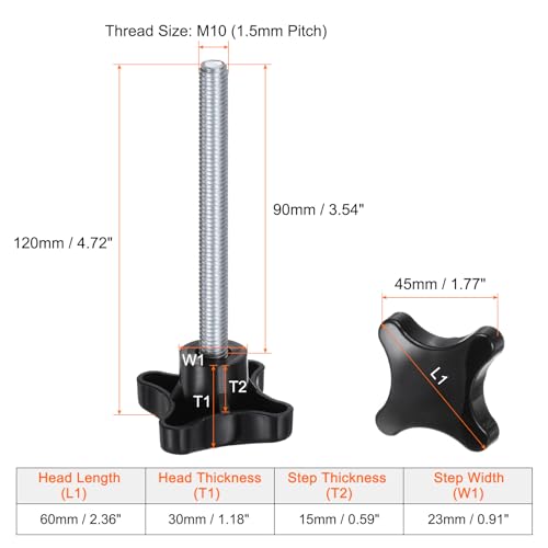 HARFINGTON 2pcs Star Knobs M10 x 90mm Male Thread Plastic 4-Star Stud Knob Hand Tightening Clamping Screw Replacement Threaded Handle, Black - size: M10 x 90mm