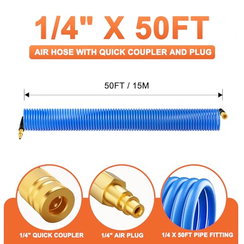 GASHER 1/4" x 50FT Polyurethane Recoil Air Hose with Bend Restrictor, 1/4" Industrial Quick Coupler and Plug - color: Blue, size: 1/4" x 50FT