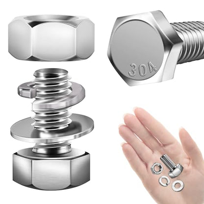 Mywish (10 Sets) 3/8-16x3/4 Hex Head Assorted Screws Nuts and Bolts with Flat & Lock Washers, 304 Stainless Steel 18-8, Fully Threaded, 5/16 Bolt Metric Bolt Assortment - size: 3/8-16 x 3/4 (10 set)