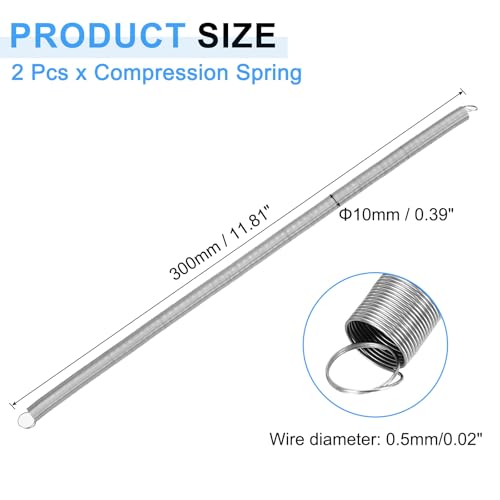 uxcell 2Pcs Extension Springs, 0.5x10x300mm/0.02x0.39x11.81in 304 Stainless Steel Extended Compression Spring Steel Dual Hook Tension Springs for Machinery Construction Home Repairs - size: 0.5x10x300mm