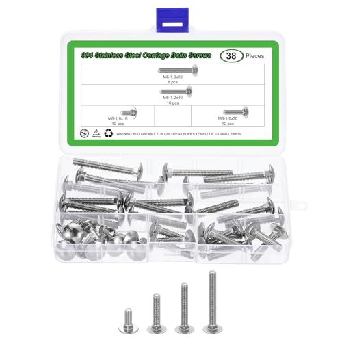 uxcell 38Pcs Carriage Bolts and Nuts Kit, M6 Stainless Steel 304 Round Head Square Neck Carriage Bolts Screws and Hex Nuts - Silver