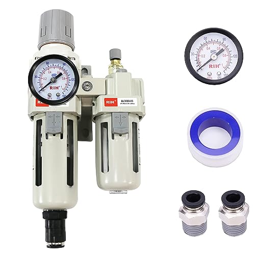 RIH Pneumatics Compressed Air Filter Regulator Lubricator Combo Water/Oil Trap Separator - Gauge(0-150 psi), Semi-Auto Drain, Poly Bowl,Bracket - 3 in 1 Two Unit (3/8“ NPT Auto Drain) - size: 3/8“ NPT Auto Drain