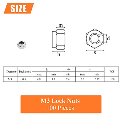 HELIFOUNER 100 Pieces M3 x 0.5mm Nylon Insert Hex Lock Nuts, 304 Stainless Steel (18-8) Locknuts, Coarse Thread - size: ‎M3 x 0.5mm (100 PCS)