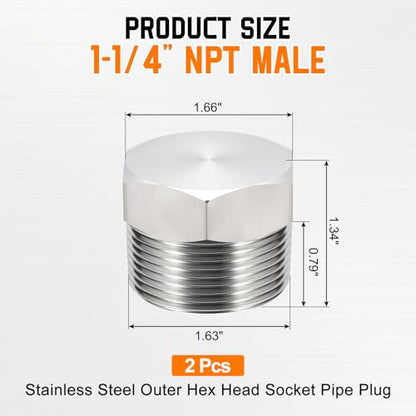 2 Pack SUS304 1 1/4" NPT Male Outer Threaded Pipe End Cap - size: 1 1/4" NPT Male