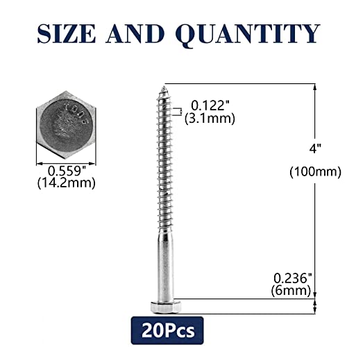 3/8" x 4" Hex Head Lag Screws Bolts 20Pcs 304 Stainless Steel 18-8, Partial Thread, Hexagon Head Wood Screws by SG TZH - size: 3/8-16 x 4"