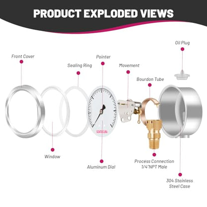 0-100psi Glycerin Filled Pressure Gauge, 2" Dial Size, 304 Stainless Steel Case, 1/4" NPT Lower Mount, with High Accuracy, for Measuring Water Air Hydraulic Pressure - size: 0-100psi, style: BRASS