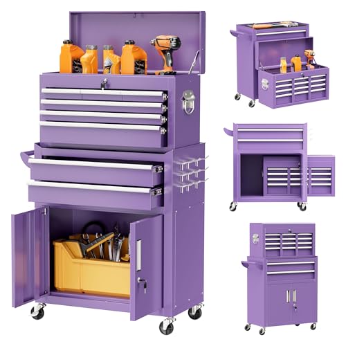 Bonusall 8 Drawer Rolling Tool Chest and Cabinet Combo,Heavy-Duty Metal Garage Tool Chest with Wheels and 2 Doors,2-in-1 Top Box and Roller Cabinet Combo for Garage, Workshop, Warehouse-Purple - color: Purple