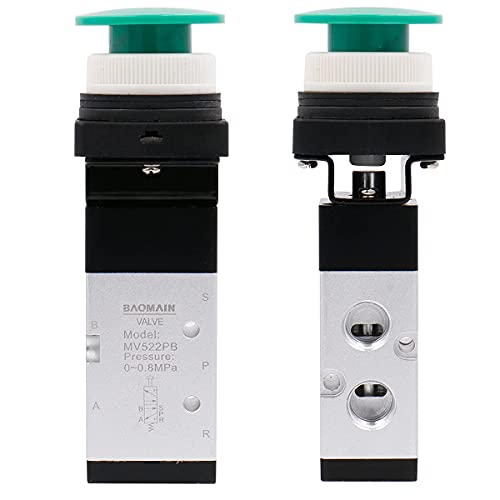 Baomain Pneumatic Mechanical Valve MV522PB 1/4"PT 2 Position 5 Way Momentary Green Mushroom Button Manual Control type Mechanical Valve Pneumatic Control Valve - size: Green Mushroom(5-Way)